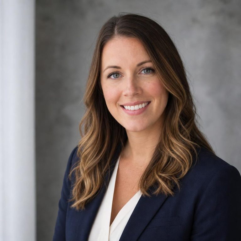Example AI headshot: woman in a navy blazer on a grey studio backdrop