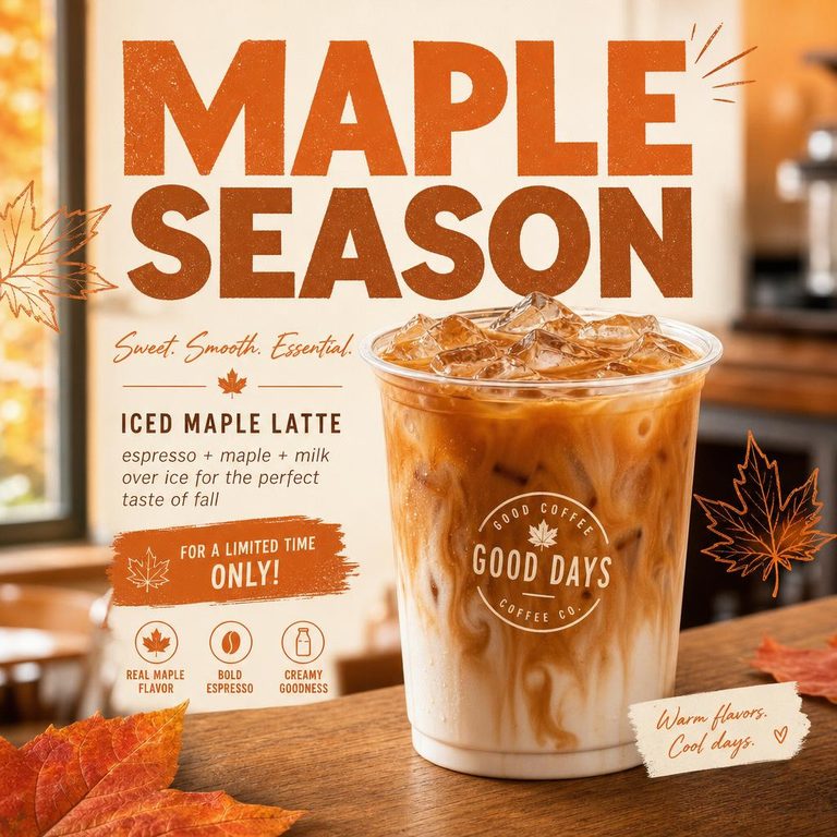 Example output: iced maple latte social post with the headline Maple Season